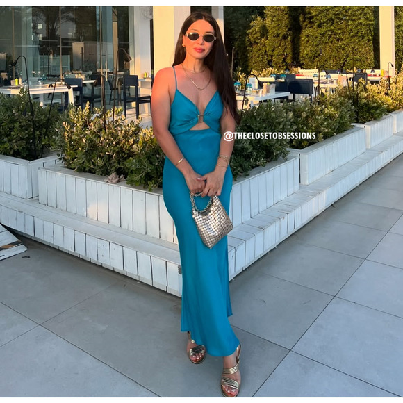 ZARA Metal Detail Cutout Midi Dress NWT – Turquoise V-Neck Blogger Fave, Size M - Picture 11 of 16